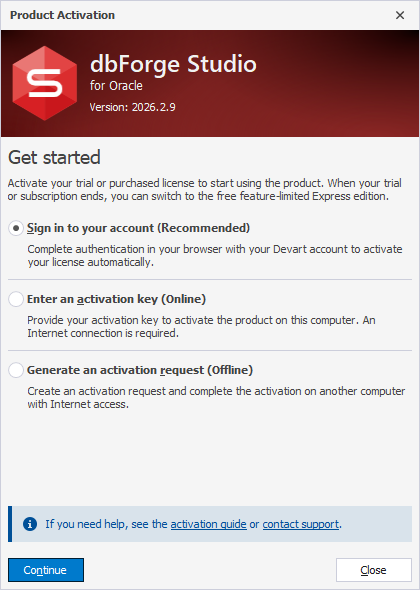 The Product Activation dialog - Sign in to your account