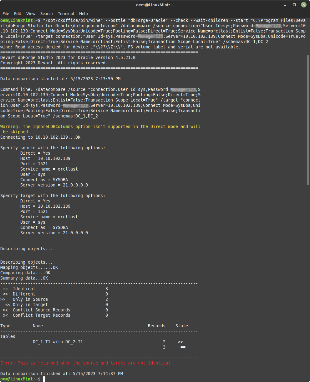 Data comparison from CLI