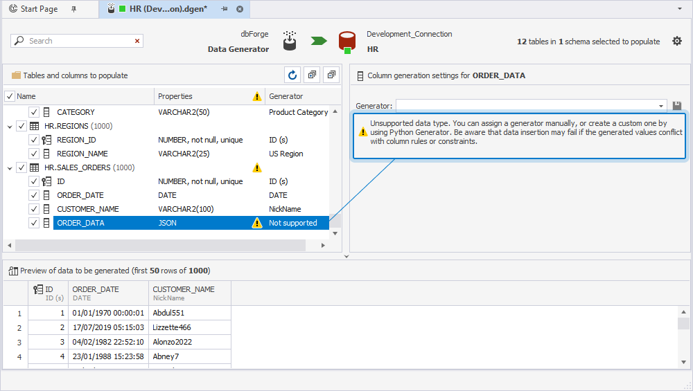 Displaying a warning message about unsupported data types