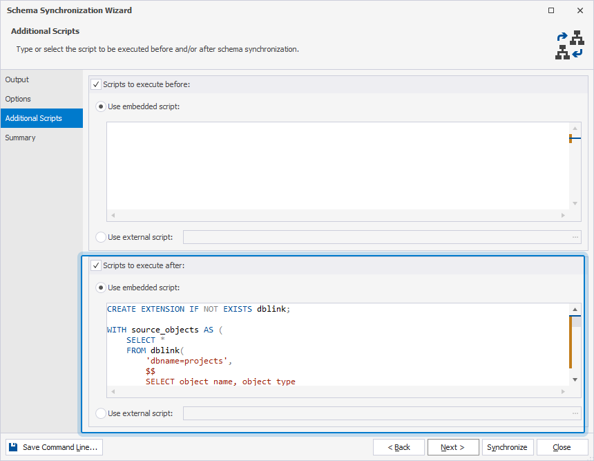 Insert scripts to be used after schema synchronization