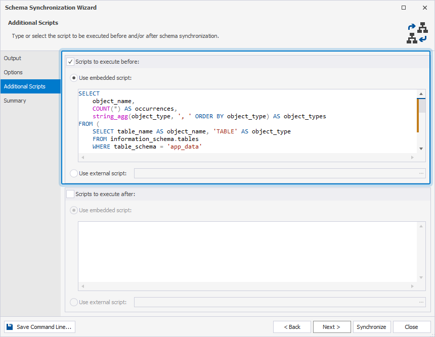 Insert scripts to be used before schema synchronization