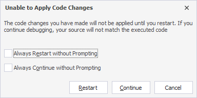The Unable to Apply Code Changes dialog with its available actions.