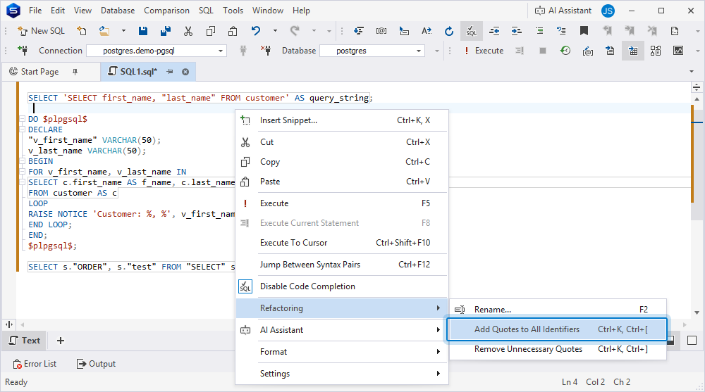 Before: Add quotes to all identifiers in the query