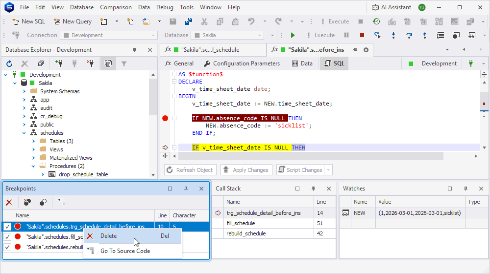 The Breakpoints window with its grid and shortcut menu options.