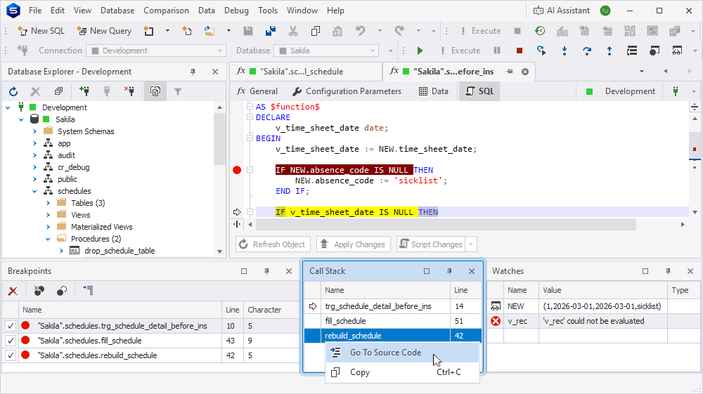 The Call Stack window with its grid and shortcut menu options.