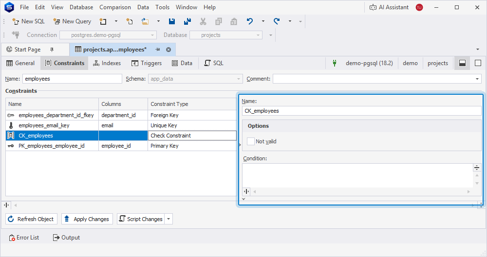 Check constraint detail panel
