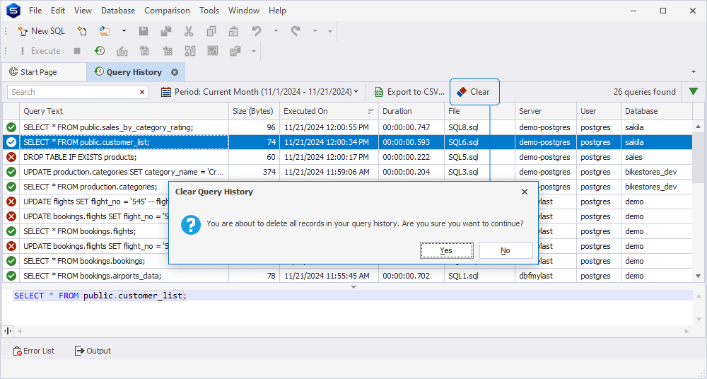 Clear Query History