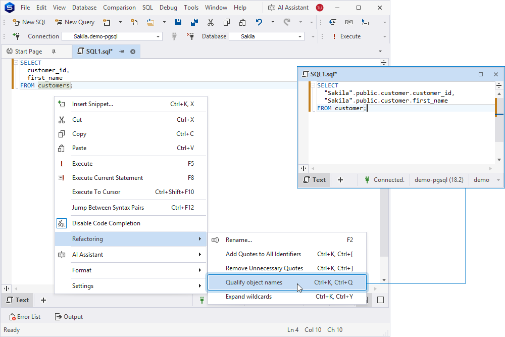 Qualify object names from the Refactoring shortcut menu in SQL Editor