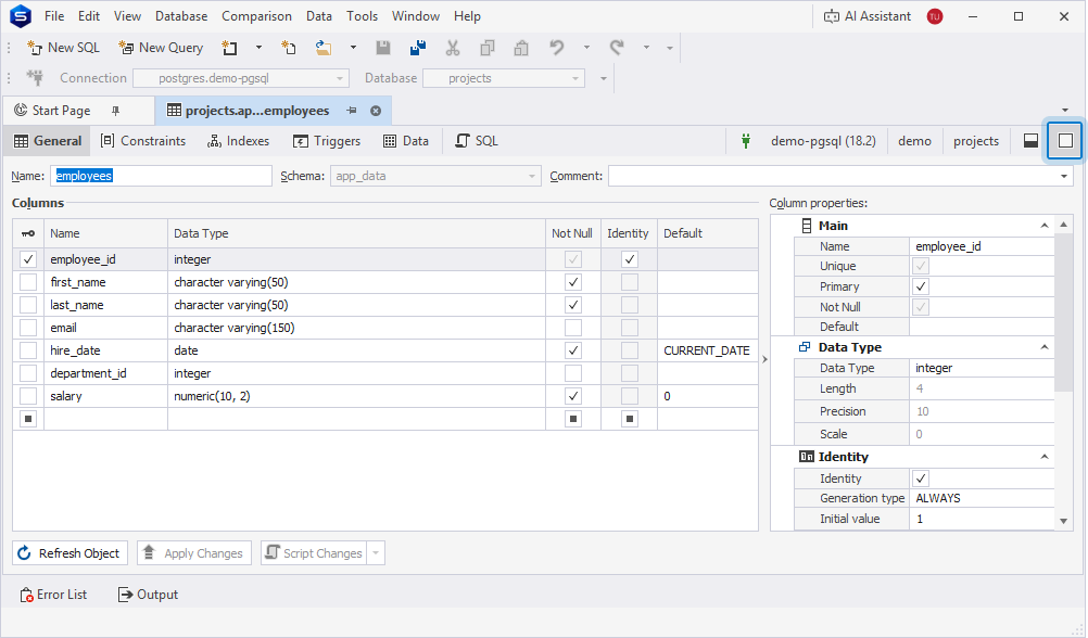 Open the Table Editor in a combined layout