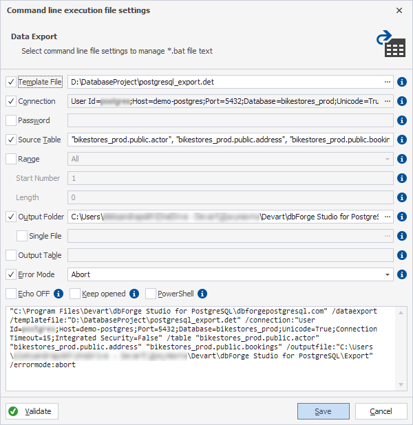 The Command line execution file settings dialog.