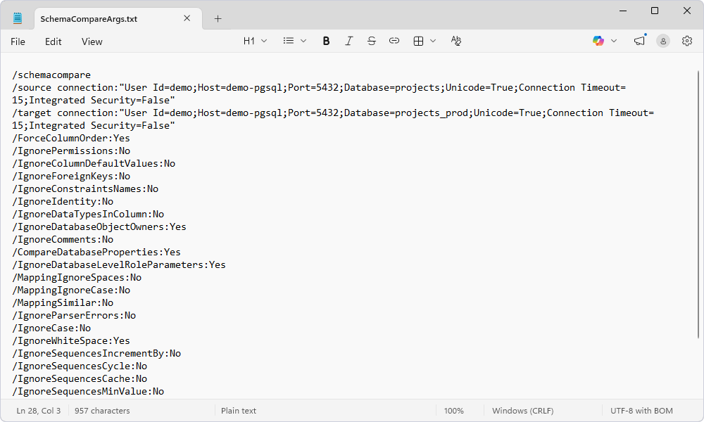 Information stored in the command-line arguments file