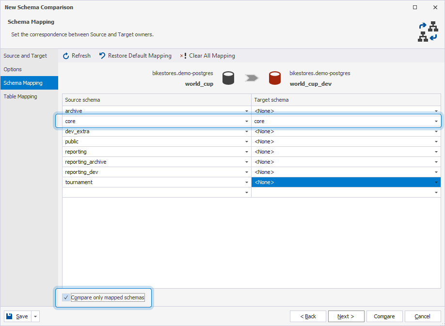 Select the Compare only mapped schemas checkbox