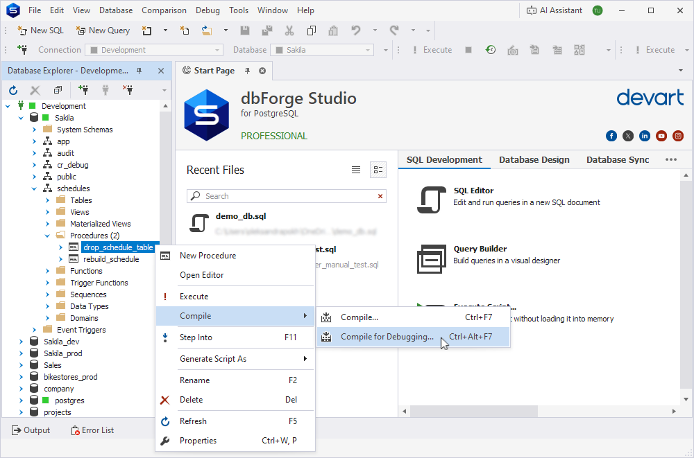 The Compile for Debugging command in the routine's context menu.