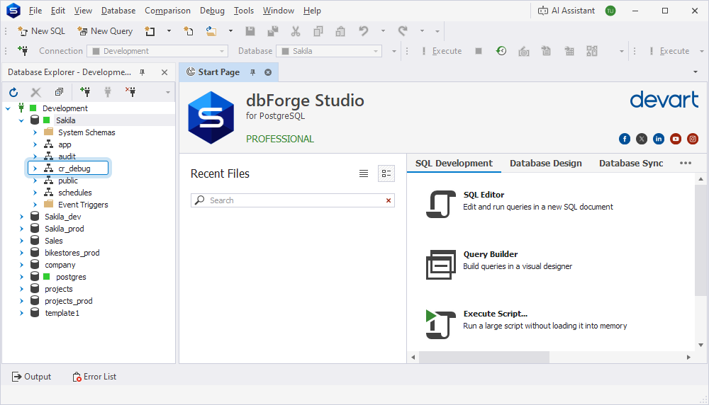 The cr_debug schema in Database Explorer after the debug engine is deployed.