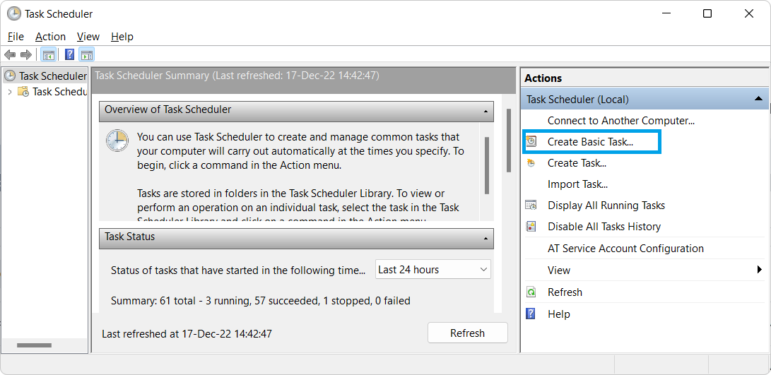 Click Create Basic Task in Windows Task Scheduler