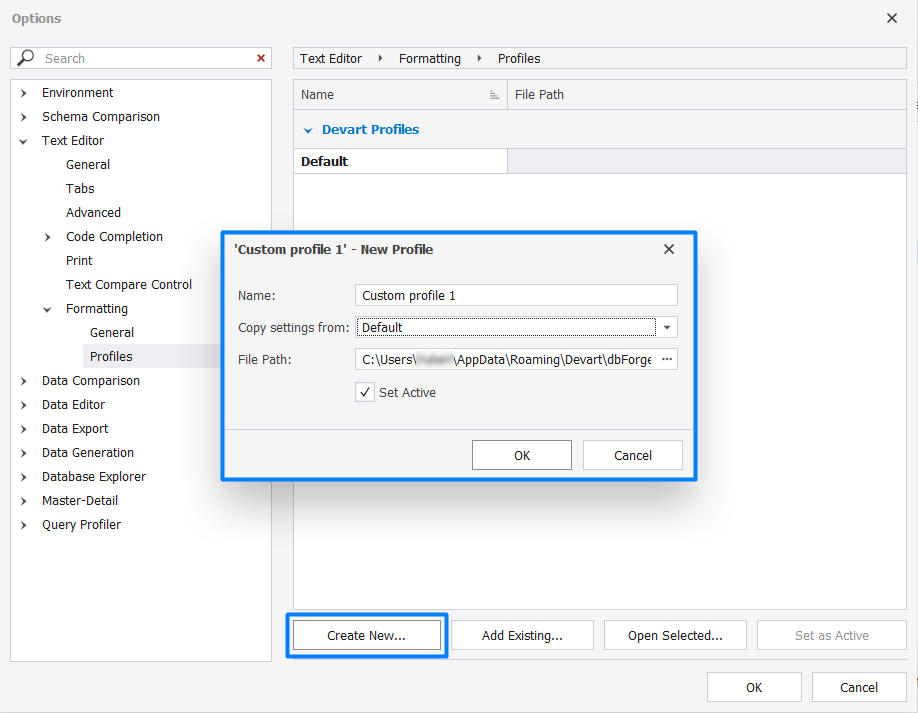 Options for SQL formatting dialog