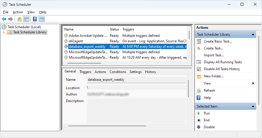 The created task highlighted in Task Scheduler Library.