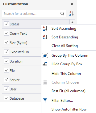 Customization window - shortcut menu