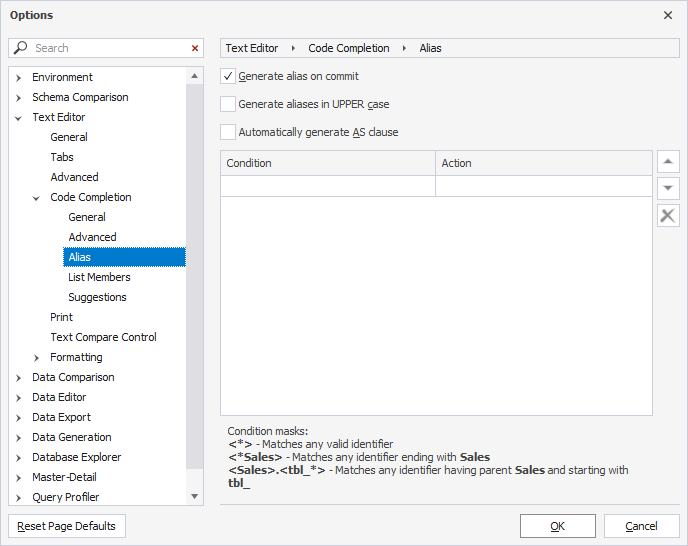 Open the Options dialog to customize or create an alias
