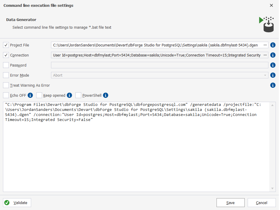 Data Generator execution file settings