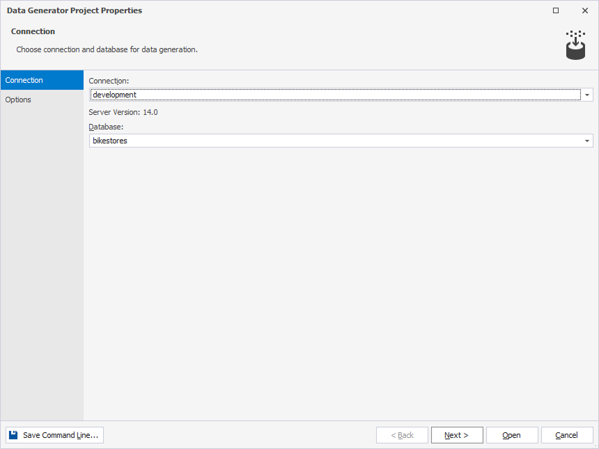 Connection page of the Data Generator Project Properties dialog