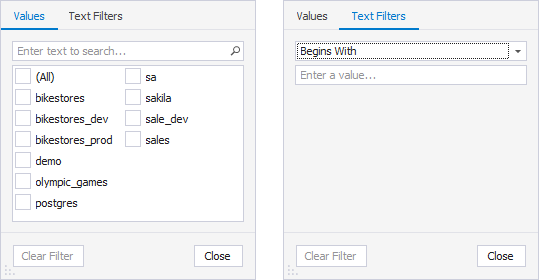 SQL Query History column filters - Database