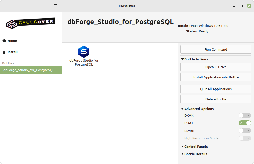 dbForge Studio for PostgreSQL installed in the bottle