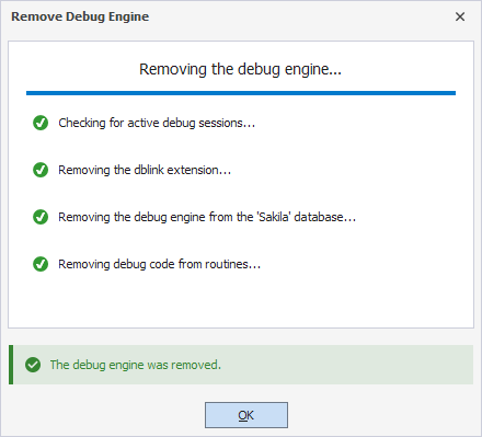 The dialog confirming that the debug engine was removed successfully.