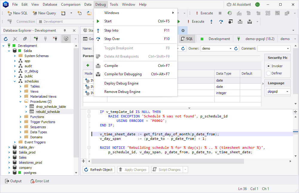 The Debug menu with its debugging commands.