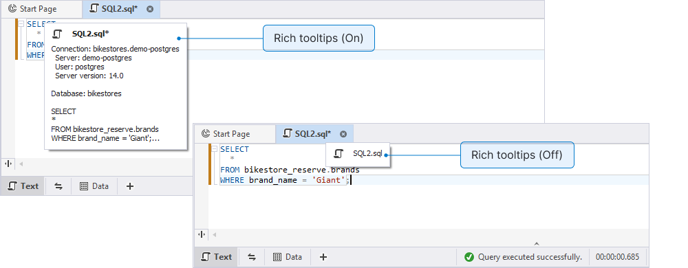 Tooltip with the enabled and disabled Display rich tooltips for documents option
