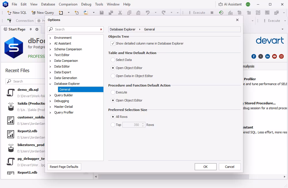 Default actions for database objects in Options