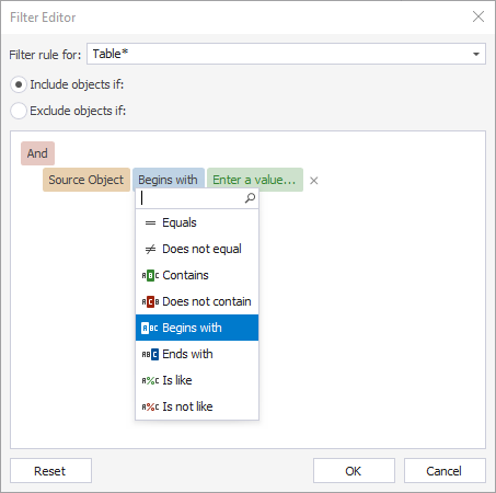 Conditions drop-down list