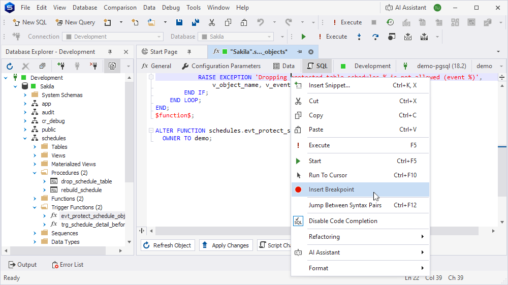 The breakpoint set on the RAISE EXCEPTION line in evt_protect_schedule_objects.