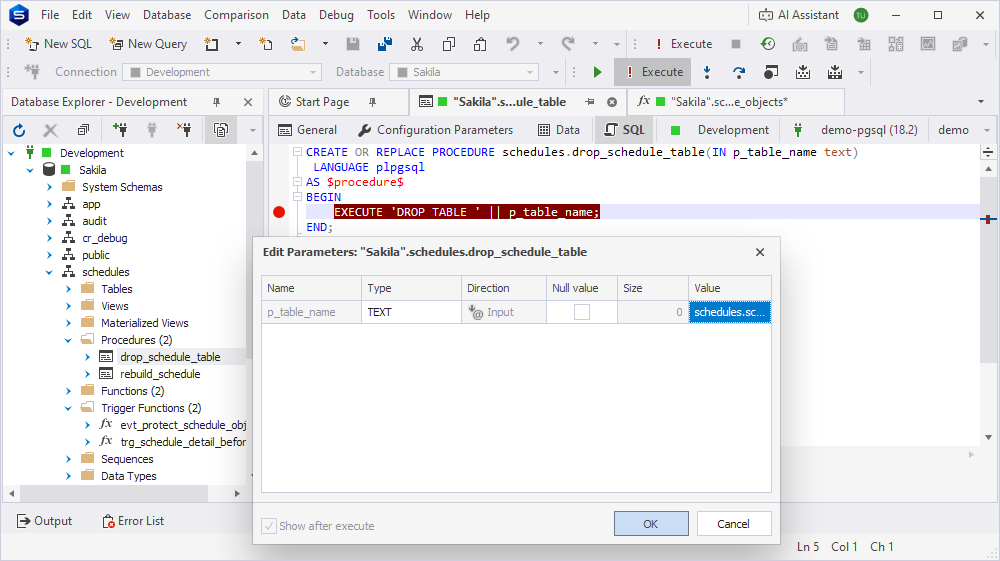 The Edit Parameters dialog with the p_table_name value for drop_schedule_table.
