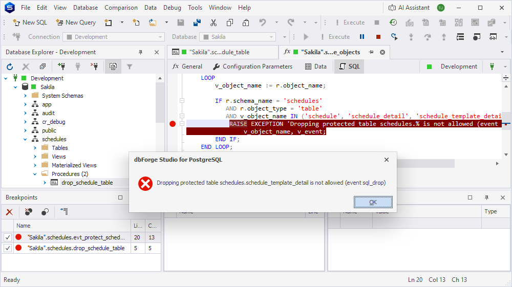The error dialog with the exception raised for dropping a protected table.