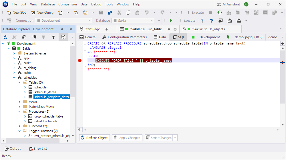 The schedule_template_detail table still present in Database Explorer after the rollback.