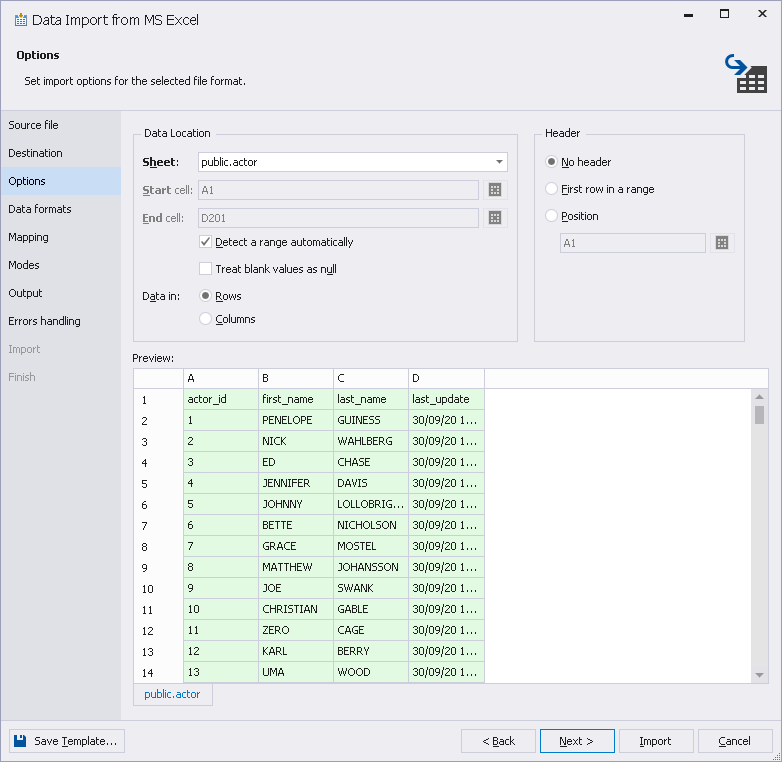 Importing Data from Excel