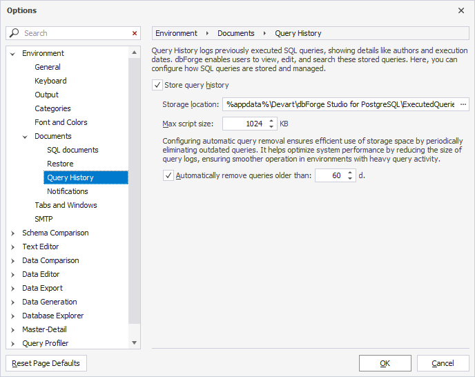 Query History Options