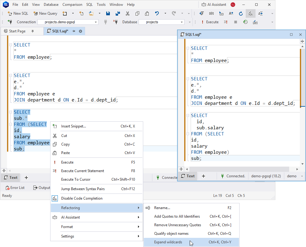 Wildcards expanded for the selected SQL statements