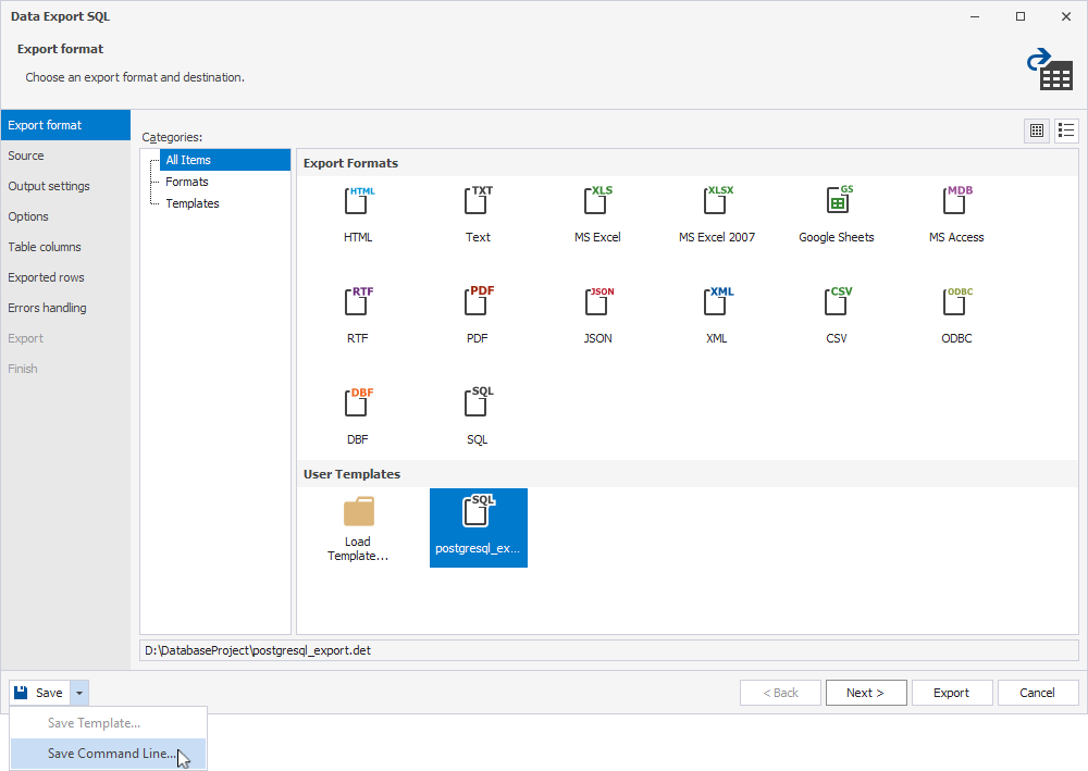 The Export format page of the Data Export wizard with the Save Command Line option highlighted.