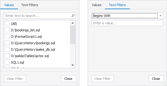 SQL Query History column filters - File