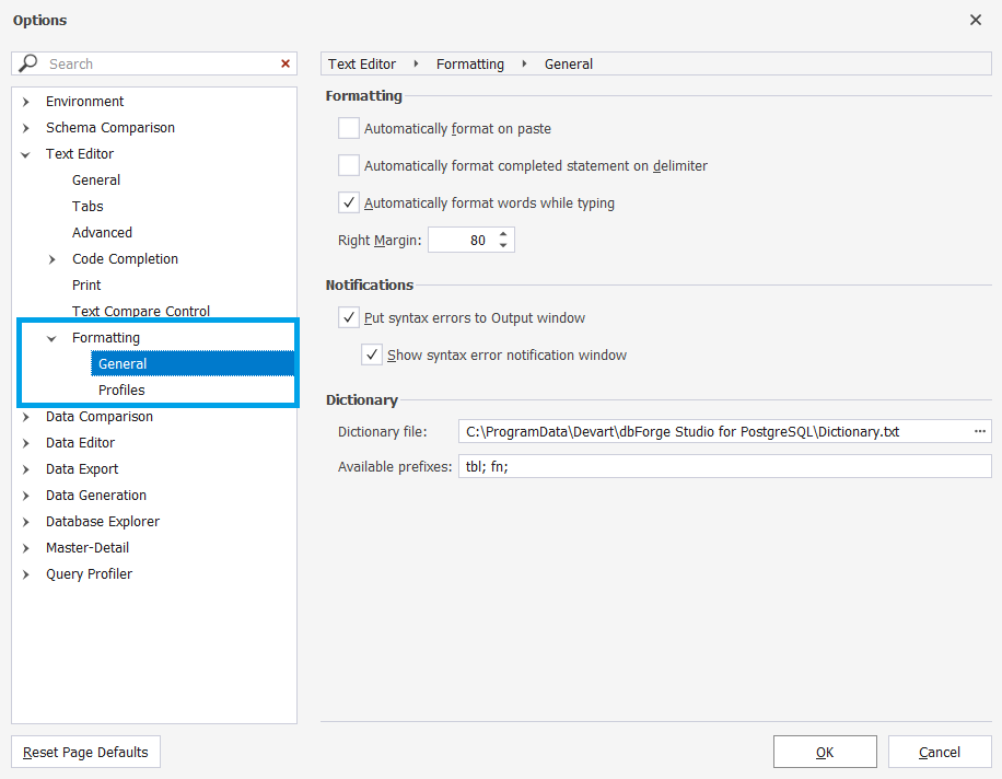 Options for SQL formatting dialog