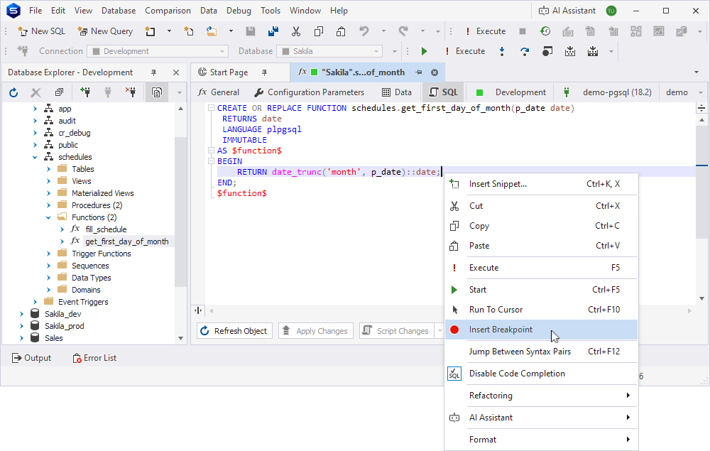 The breakpoint set on the RETURN statement in the function editor.