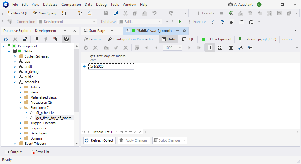 The returned value on the Data tab of the function editor.