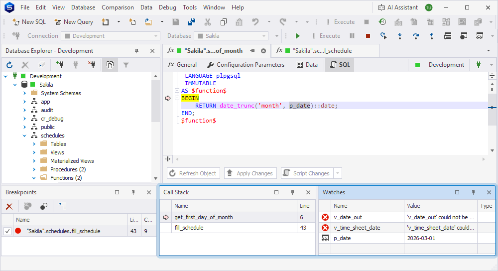The Call Stack showing both routines and the p_date watch inside get_first_day_of_month.