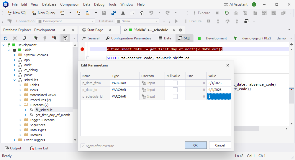 The Edit Parameters dialog with input values for fill_schedule.