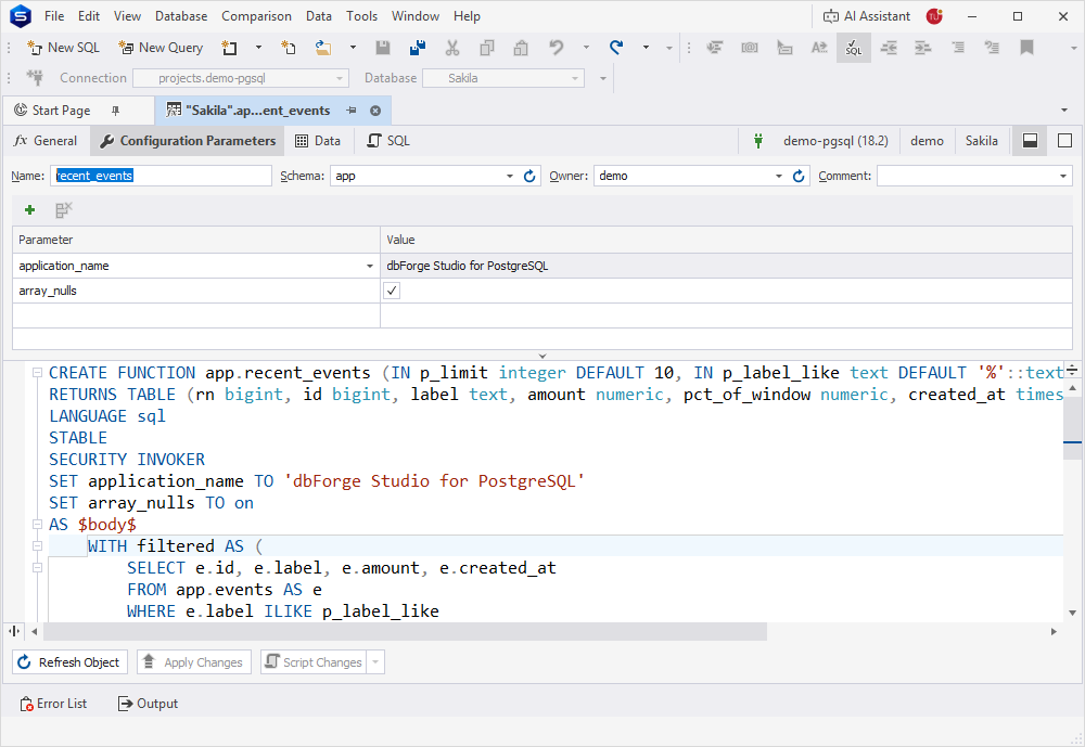 Configuration parameters tab