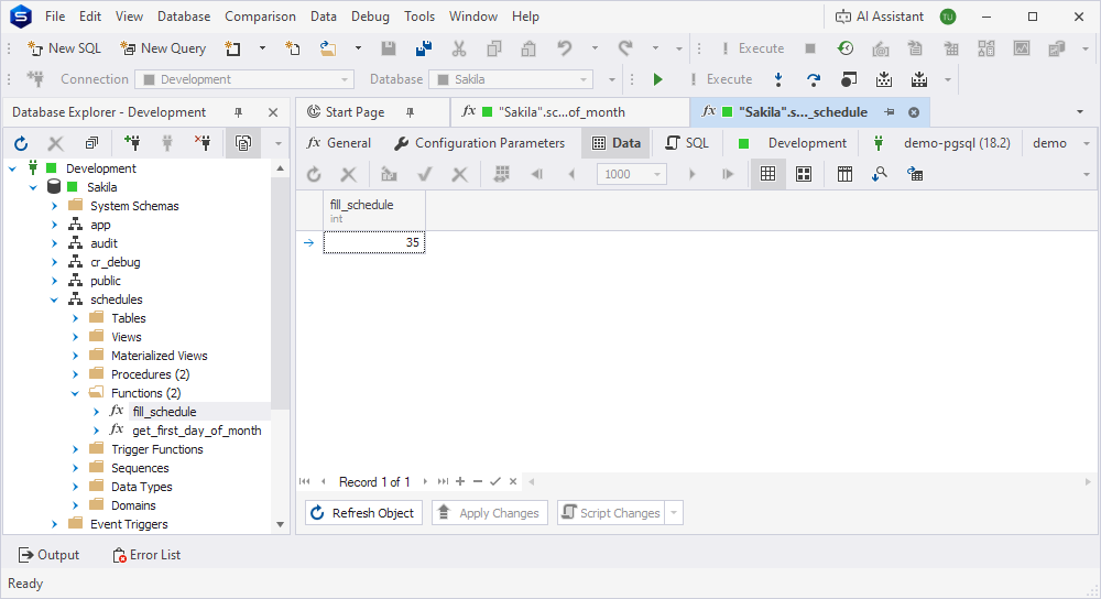 The value returned by fill_schedule on the Data tab of the function editor.