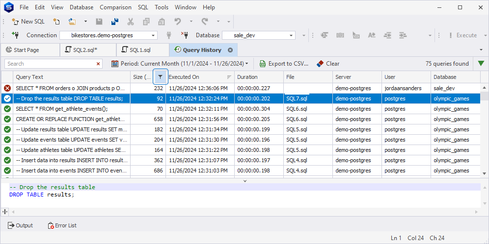 SQL Query History column filters