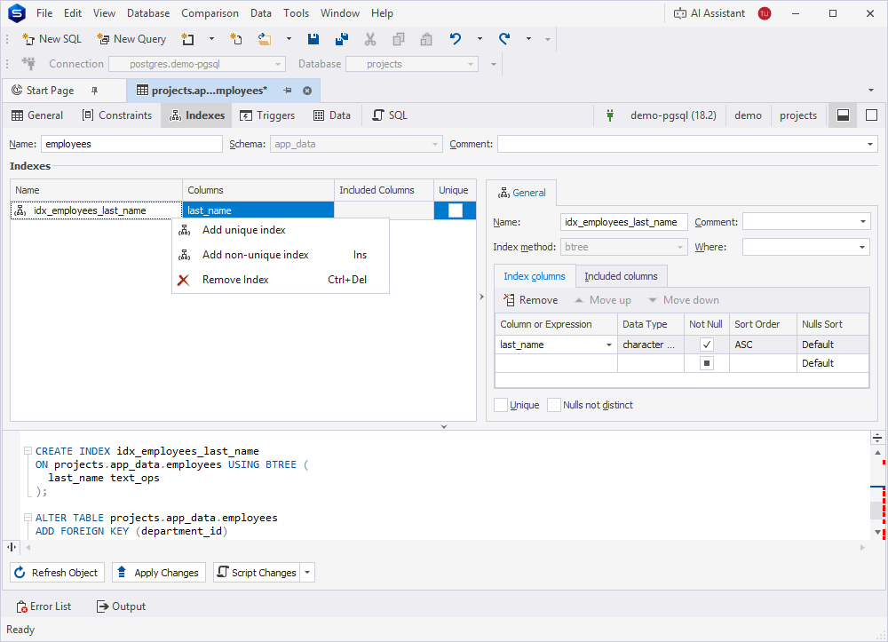 Table Editor: Indexes